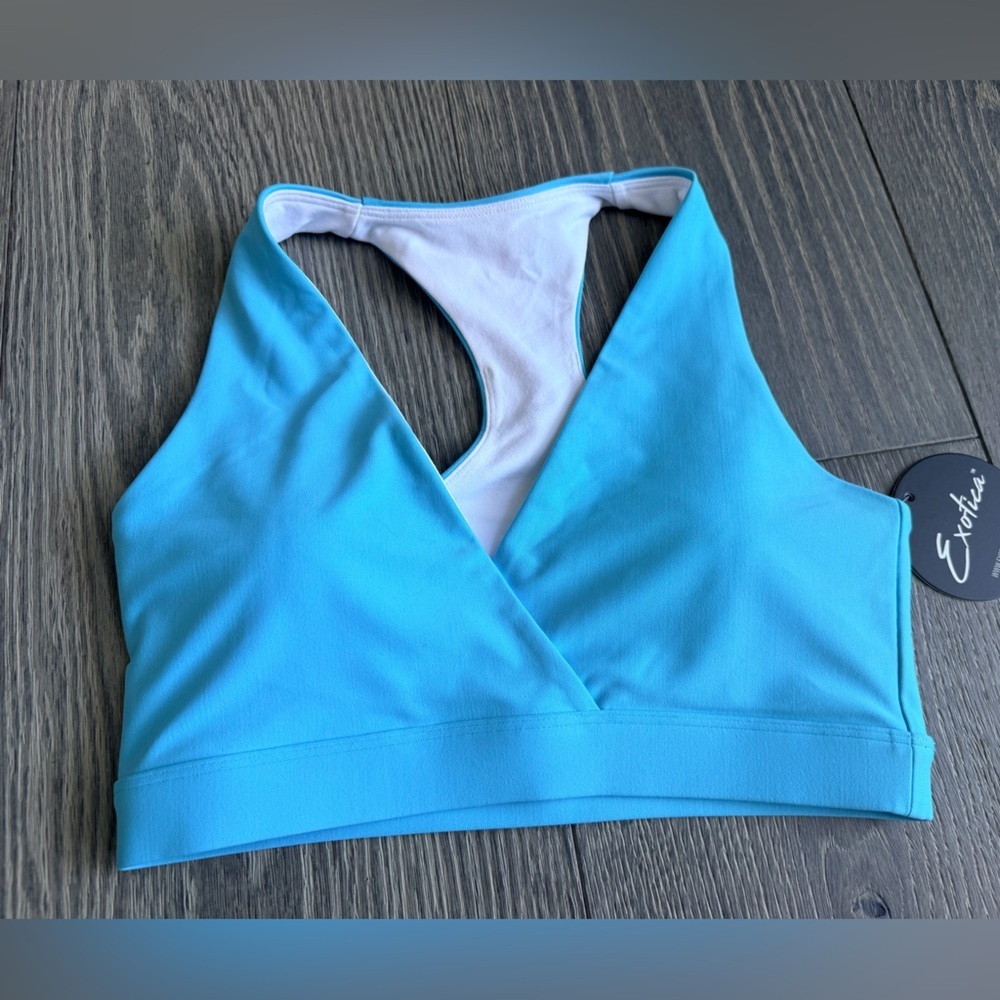 Exotica ExoticAthletica Performance Cross Over Top Sports Bra in Aqua Blue
